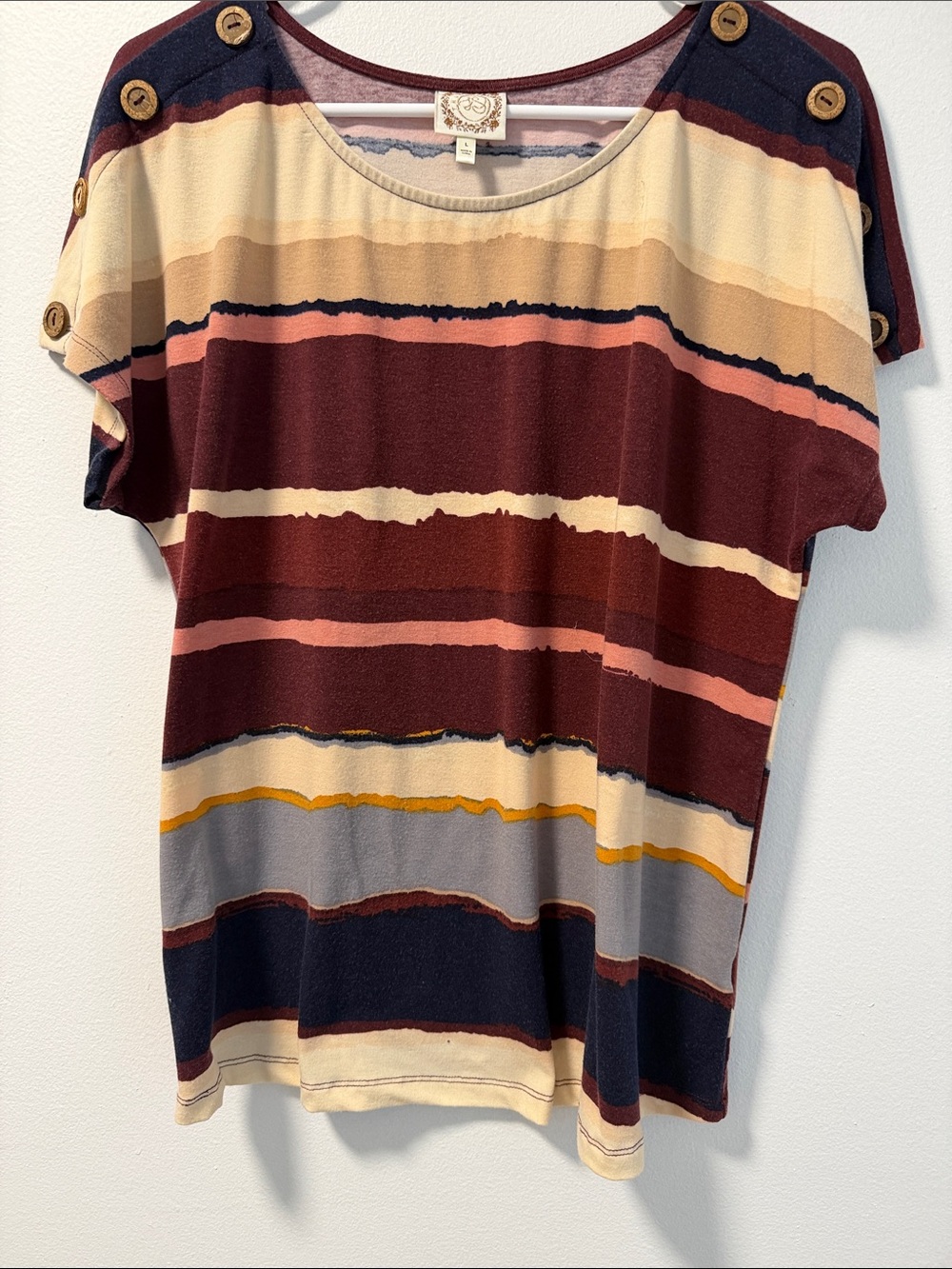 Button-Shoulder Striped Scoop Neck Tee - Multi Burgundy SZ L